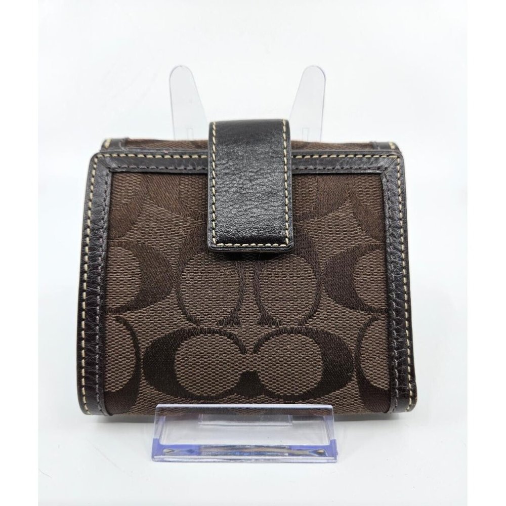 Coach Dark Chocolate Brown Signature Canvas Leather Tri-Fold Snap Wallet - Picture 2 of 13